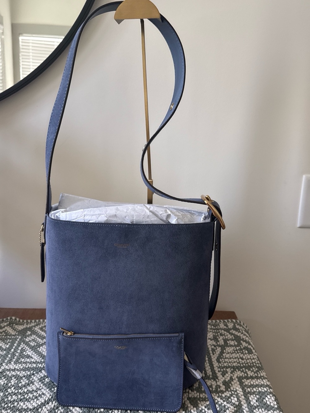 Coach Blue Denim Suede Bleecker Bucket Shoulder Bag with Wristlet NWOT